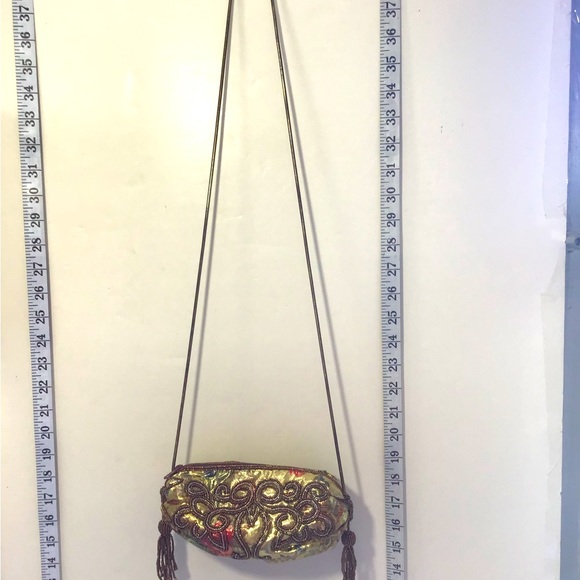 Evening Purse Metallic Gold Printed Fabric w/ Micro-beading - Picture 1 of 3